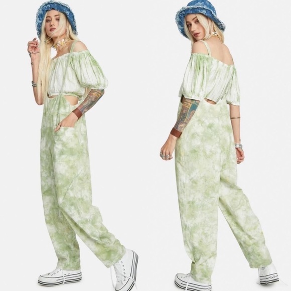 Free People Pants - FREE PEOPLE Stroll In Kyoto Green White Tie Dye Overall
